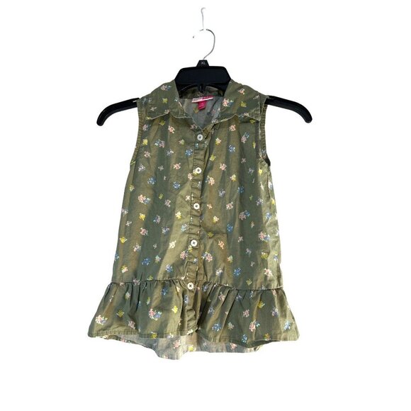 Penelope Mack Other - Penelope Mack Girls Top Green Floral Collar Button -Up Ruffle Hem Size 10